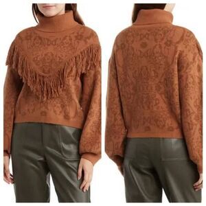 Grey Collective Fringe Sweater Women's Large‎ Brown Long Sleeve Pullover Stretch